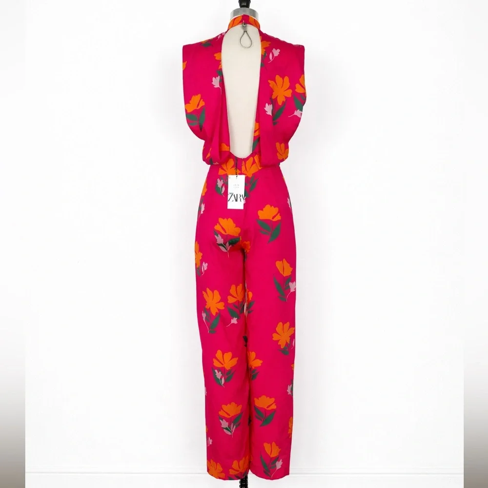 Zara Hot Pink Floral High-Neck Jumpsuit | M